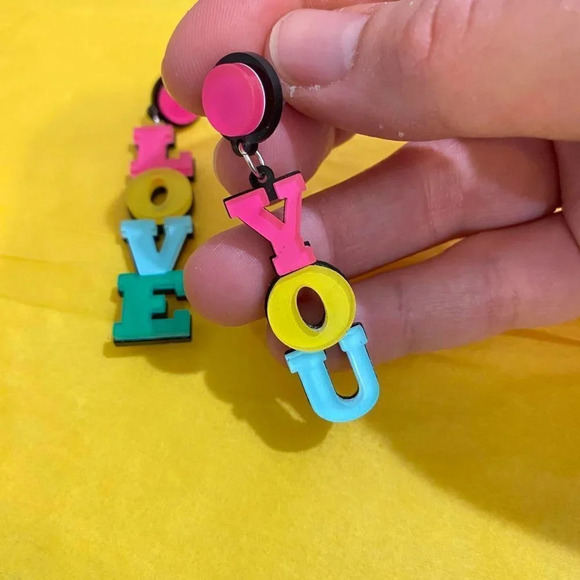 Chunky Acrylic Statement LOVE YOU Earrings – Colorful Pink Yellow Blue Dangle - Picture 2 of 5